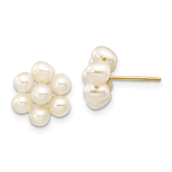 10k Yellow Gold 3-4mm White Egg Freshwater Cultured Pearl Flower Earrings