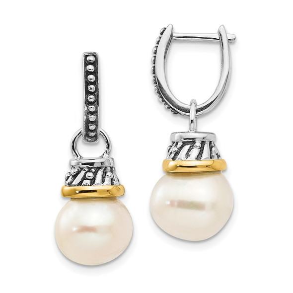 Shey Couture Sterling Silver with 14K Accent Antiqued 10mm Freshwater Cultured Pearl Hinged Hoop Dangle Earrings