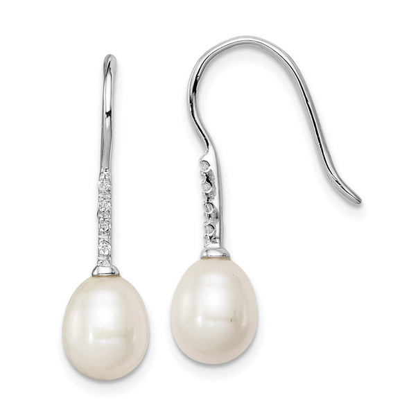 Sterling Silver Rhodium-plated Clear CZ and 7-8mm White Freshwater Cultured Pearl Dangle Earrings