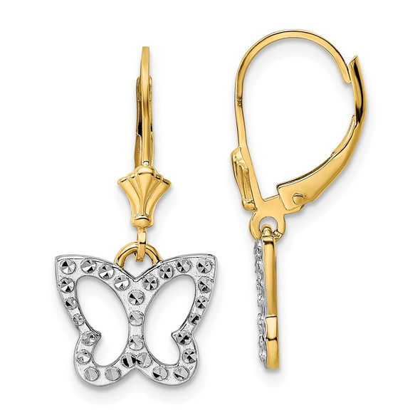 14k Yellow Gold & White Rhodium-plating Diamond-cut Butterfly Leverback Earrings