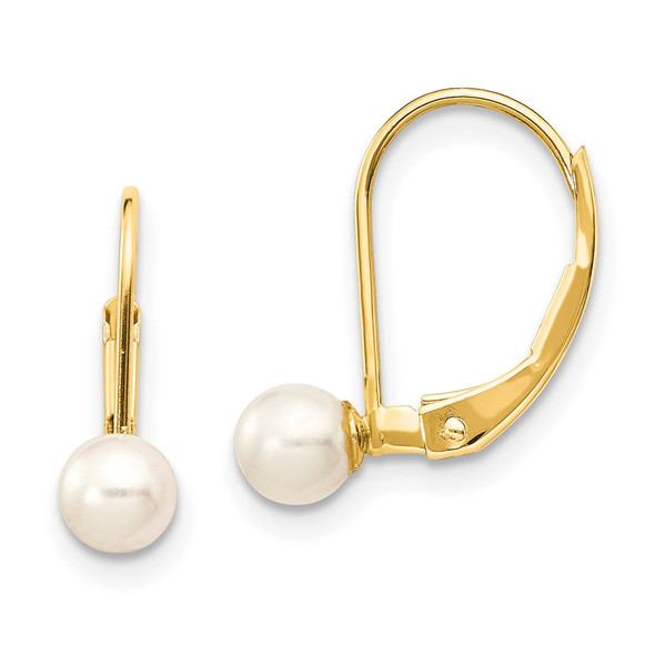 10k Yellow Gold 4-5mm White Round Freshwater Cultured Pearl Leverback Earrings