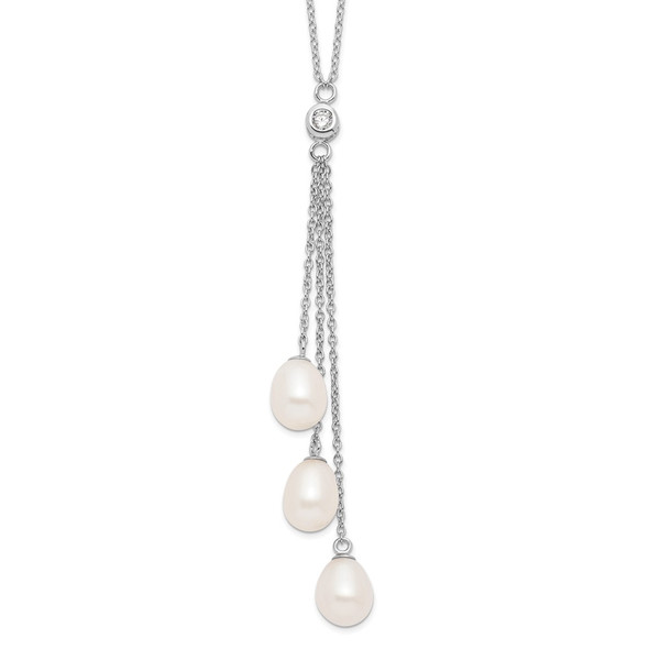 17" Sterling Silver Rhodium-plated 7-8mm White Freshwater Cultured Pearl CZ Drop Necklace