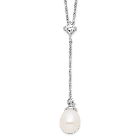 18" Sterling Silver Rhodium-plated 8-9mm White Freshwater Cultured Pearl CZ Drop Necklace