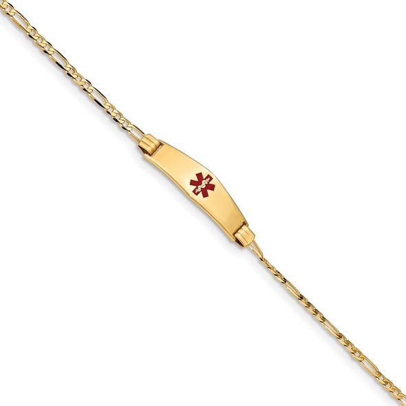 7" 14k Yellow Gold Medical Soft Diamond-Shape Red Enamel Figaro ID Bracelet XM550CC-7 with Free Engraving