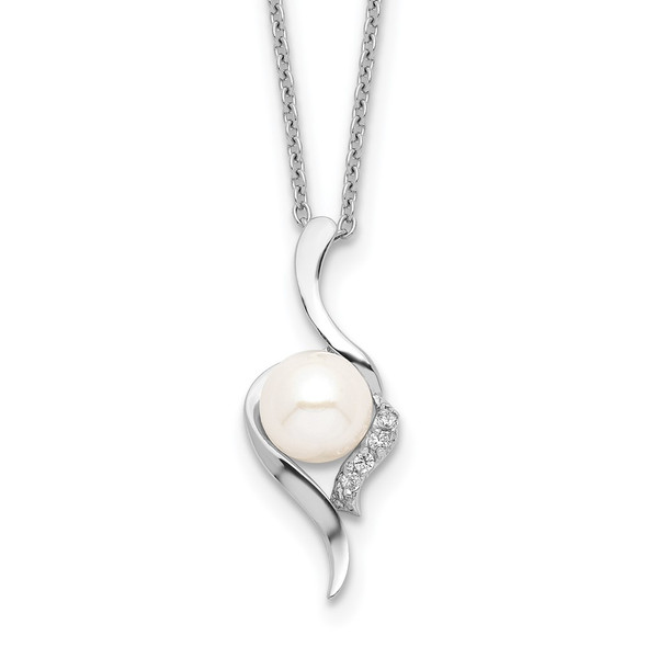 17" Sterling Silver Rhodium-plated 6-7mm White Freshwater Cultured Pearl CZ Necklace QG4140-17