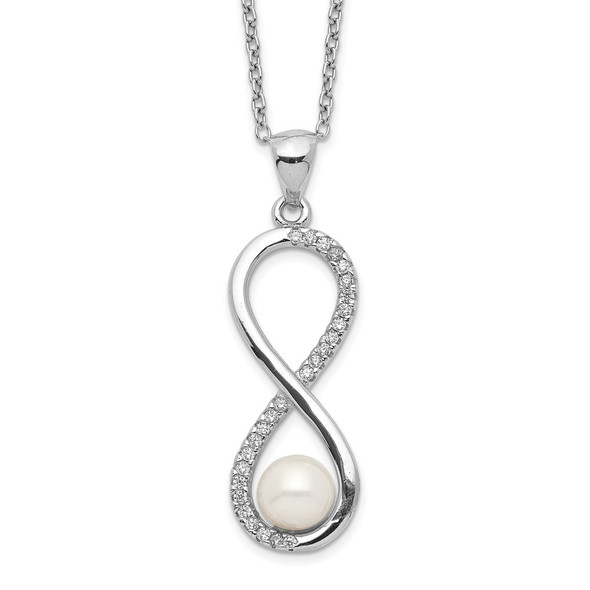 17" Sterling Silver Rhodium-plated 5-6mm Round Freshwater Cultured Pearl CZ Infinity Necklace