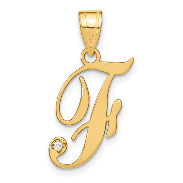 14K Yellow Gold Script Letter F Initial Pendant with Diamond