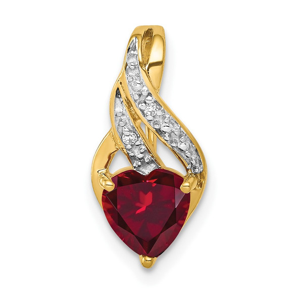 10K Yellow Gold Diamond and Created Ruby Polished Heart Pendant