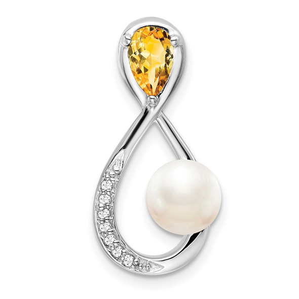 10k White Gold Citrine/Freshwater Cultured Pearl/Diamond Infinity Chain Slide Pendant