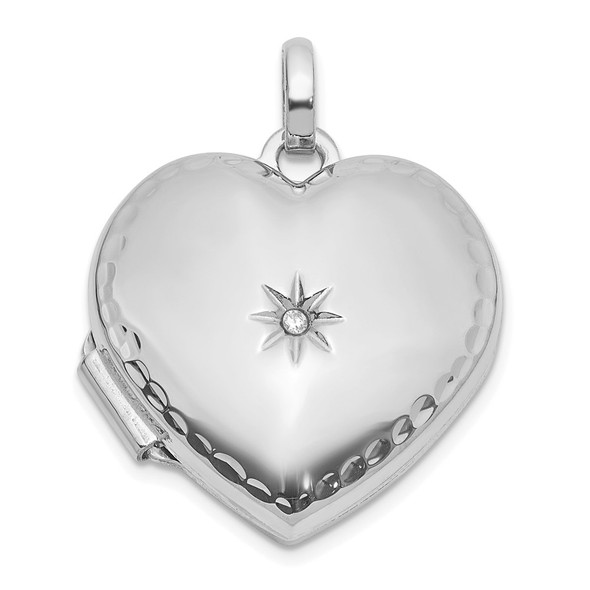 14k White Gold Polished and Textured Diamond 15mm Heart Locket Pendant