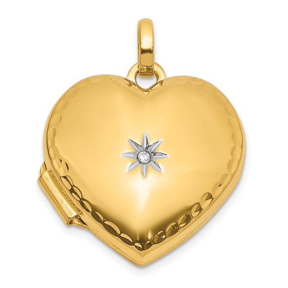 14K Yellow Gold and White Rhodium-plating Polished and Textured Diamond 15mm Heart Locket Pendant