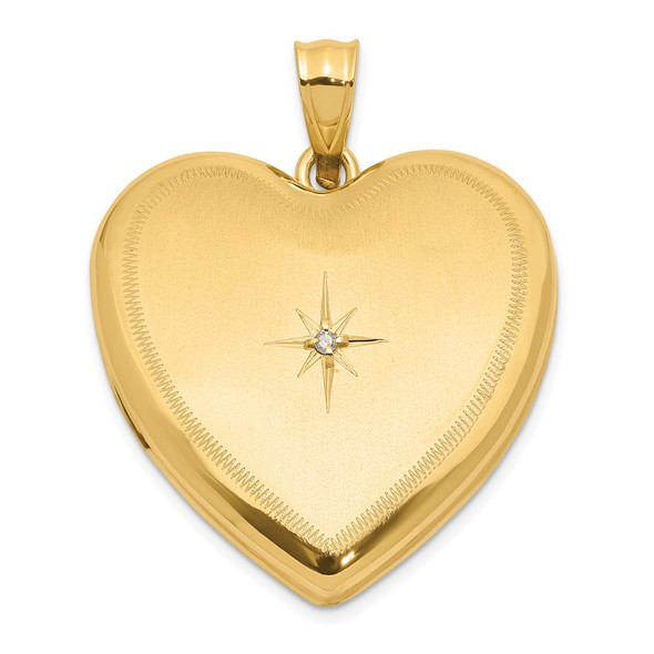 14K Yellow Gold 24mm Satin and Polished Diamond Heart Locket Pendant