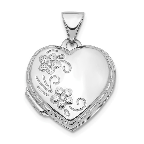 14K White Gold Polished 15mm Floral Heart Locket Pendant