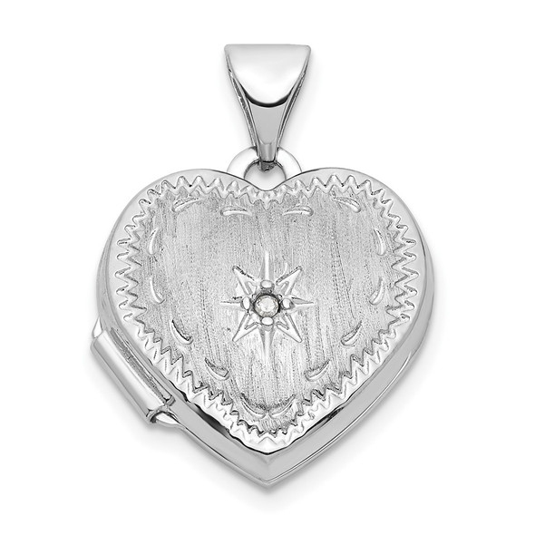 14k White Gold Brushed Diamond Star 15mm Heart Locket Pendant