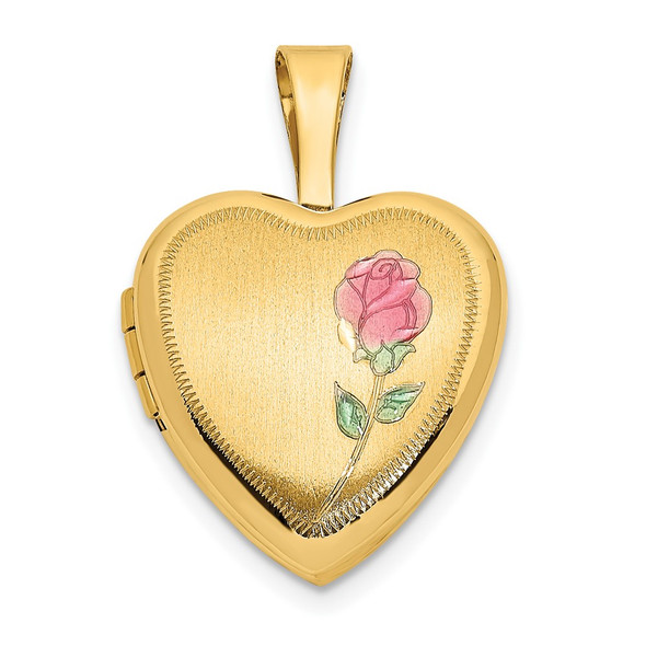 14K Yellow Gold 12mm Satin with Enamel Rose Heart Locket Pendant