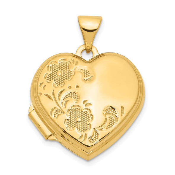 14K Yellow Gold 18mm Polished Heart-Shaped Floral Locket Pendant