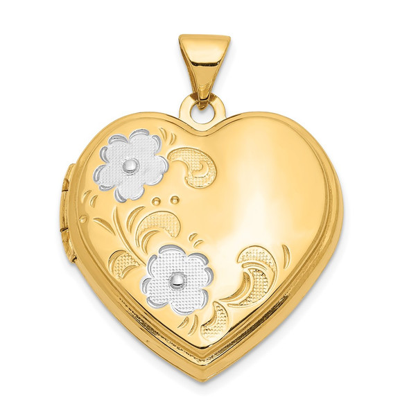 14k Yellow Gold w/ White Rhodium-plating Floral Heart Locket Pendant