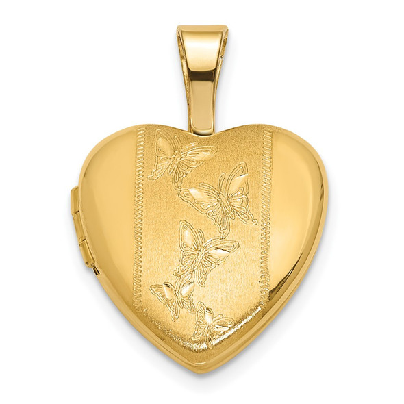 14K Yellow Gold Polished and Satin 12mm Butterfly Heart Locket Pendant