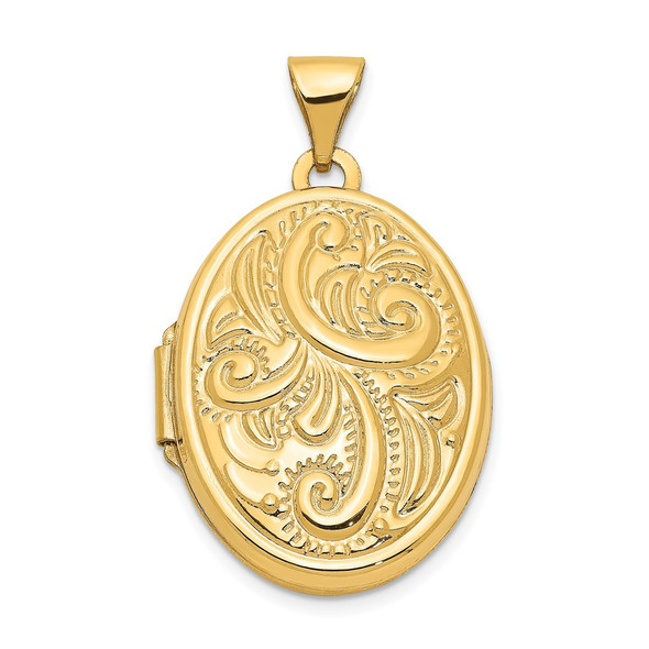 14K Yellow Gold Domed Scroll Design Oval Locket Pendant