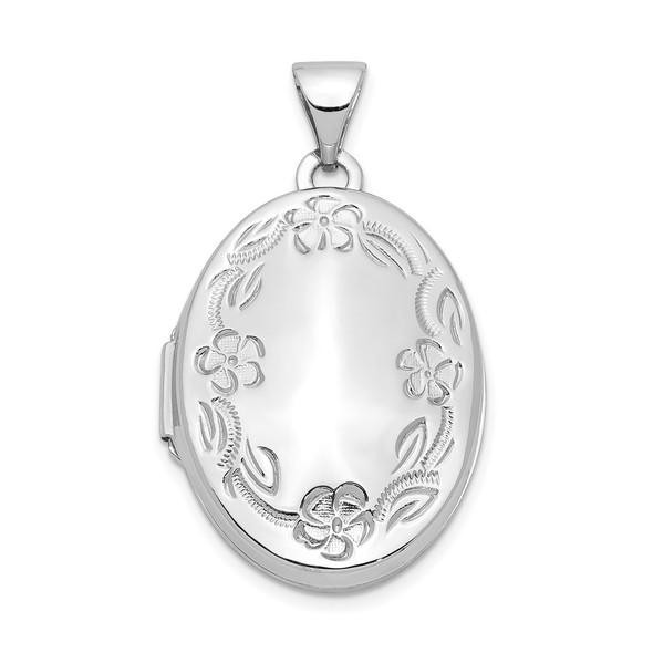 14k White Gold 21mm Oval Leaf Floral Scroll Border H/Eng Locket Pendant