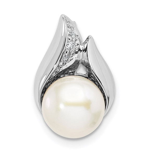 Sterling Silver Rhodium-plated CZ (8-9mm) Button Freshwater Cultured Pearl Slide Pendant