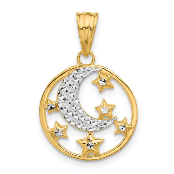 14K Yellow Gold and White Rhodium-plating Diamond-cut Moon and Stars Pendant