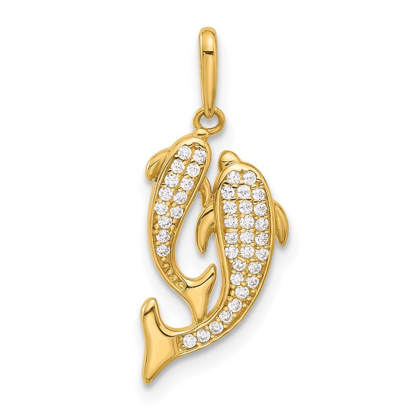 14K Yellow Gold Polished CZ Two Dolphins Pendant