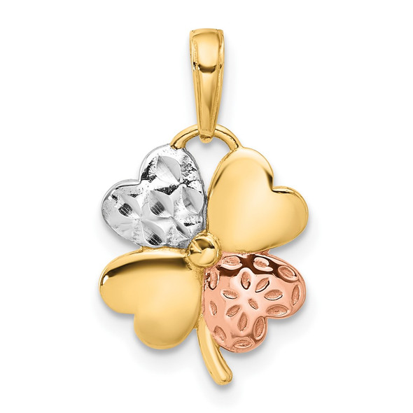 14K Yellow Gold w/Pink and White Rhodium-plating Polished and Diamond-cut Clover Pendant