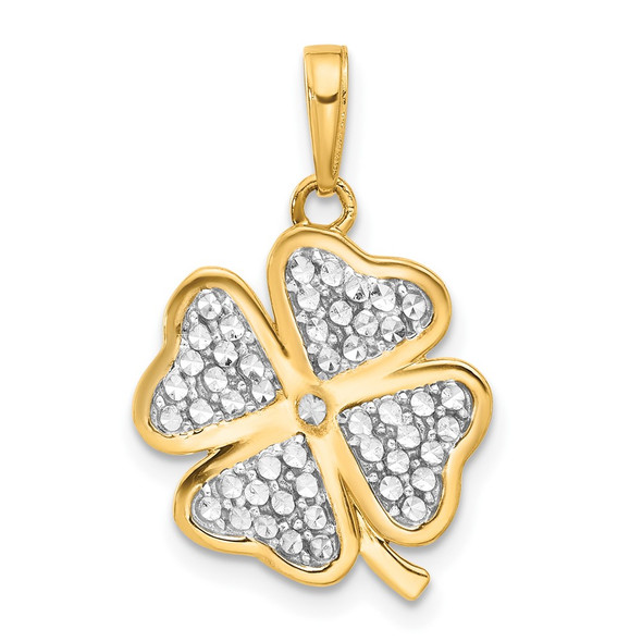 14K Yellow Gold and White Rhodium-plating Polished and Diamond-cut 4-Leaf Clover Pendant