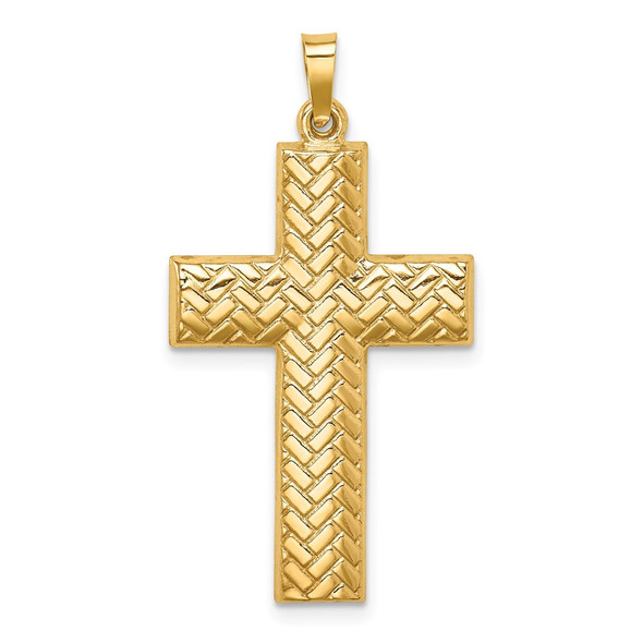 14K Yellow Gold Hollow Polished Basketweave Design Latin Cross Pendant
