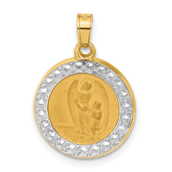 14K Yellow Gold and White Rhodium-plating Hollow Our Guardian Angel Medal Pendant