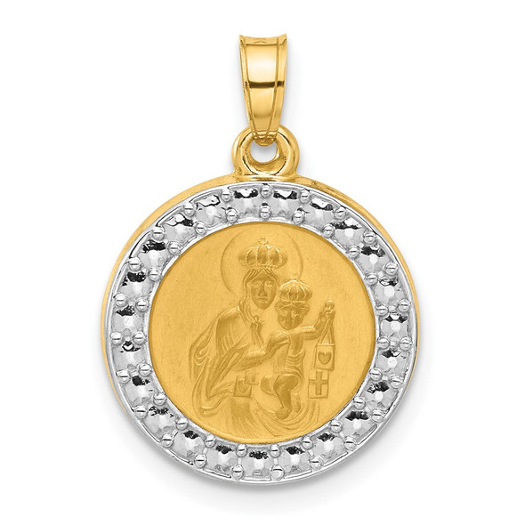 14K Yellow Gold and White Rhodium-plating Hollow Our Lady of Mt Carmel Medal Pendant