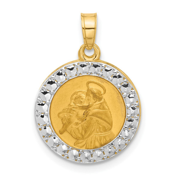 14K Yellow Gold with White Rhodium-plating Hollow St. Anthony Medal Pendant