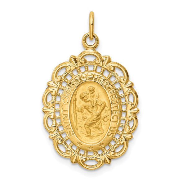 14K Yellow Gold Solid Polished/Satin Medium Fancy Pierced Oval St. Christopher Medal Pendant
