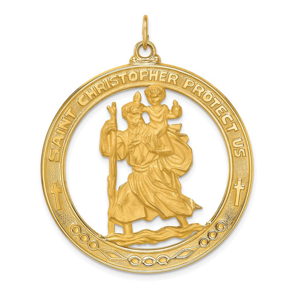 14K Yellow Gold Solid Polished/Satin Extra Large Cut-out St. Christopher Medal Pendant