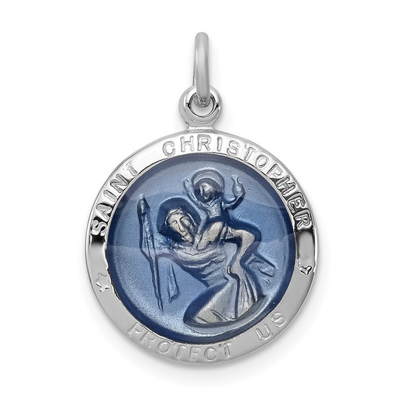 Sterling Silver Rhodium-plated Blue Epoxy St. Christopher Medal Pendant