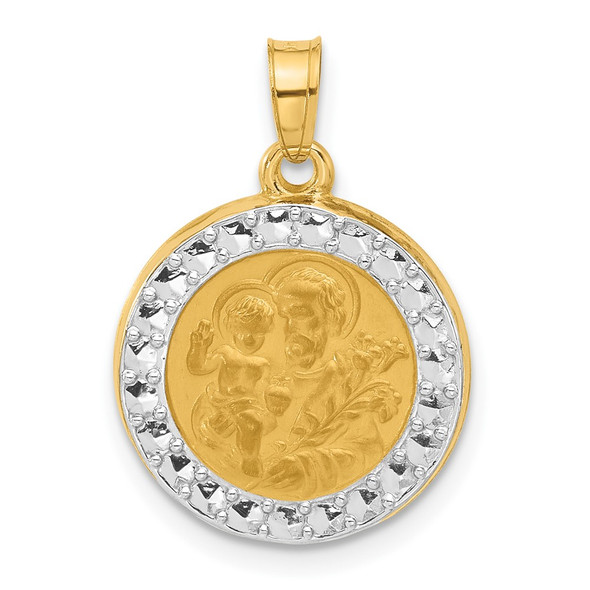 14K Yellow Gold with White Rhodium-plating Hollow St. Joseph Medal Pendant