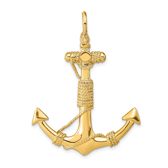 10K Yellow Gold 3-D Solid Anchor with Rope Pendant