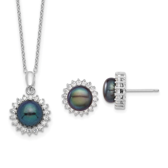 Sterling Silver Rhodium-plated 8-9mm Black Freshwater Cultured Pearl CZ Earrings/Necklace Set