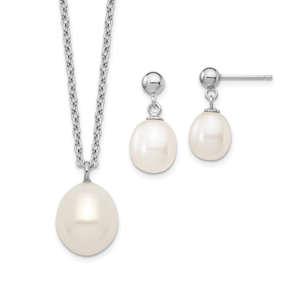 Sterling Silver Rhodium-plated 8-9mm Rice Freshwater Cultured Pearl Necklace/Earrings Set