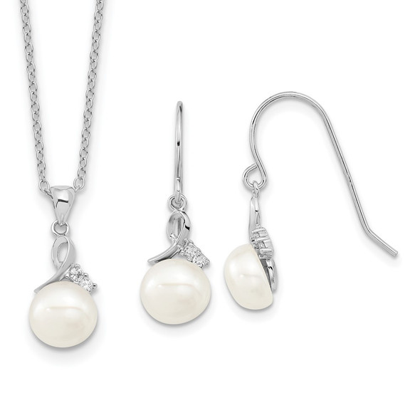 Sterling Silver Rhodium-plated 7-8mm Freshwater Cultured Pearl CZ Necklace/Earrings Set