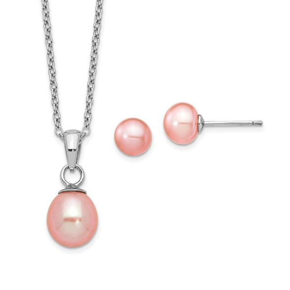 Sterling Silver Rhodium-plated Pink Freshwater Cultured Pearl Necklace/Earrings Set