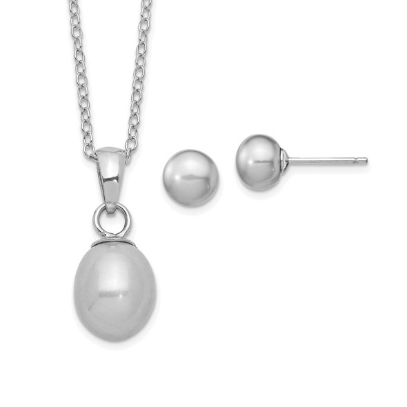 Sterling Silver Rhodium-plated Freshwater Cultured Grey Pearl Necklace/Earrings Set