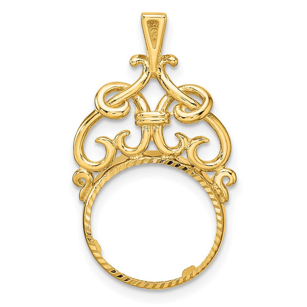 14k Yellow Gold Polished Fancy Filigree Top and Diamond-cut 13.0mm Prong Coin Bezel Pendant