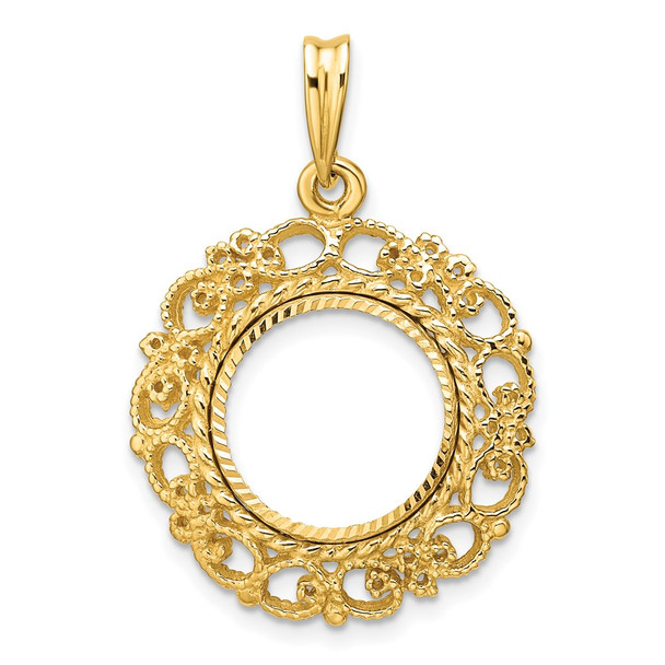 14k Yellow Gold Polished Textured and Diamond-cut Victorian-Style 13.0mm Prong Coin Bezel Pendant