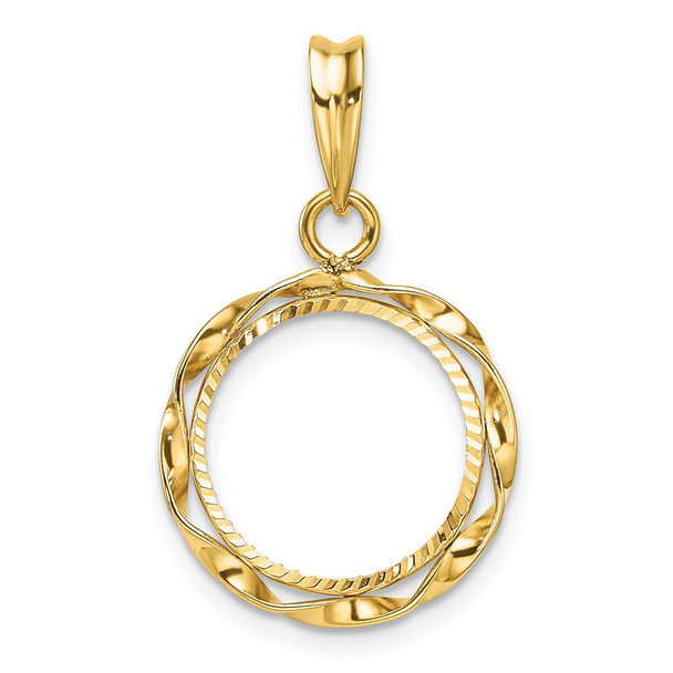 14k Yellow Gold Polished Hand Twisted Ribbon and Diamond-cut 13.0mm Prong Coin Bezel Pendant