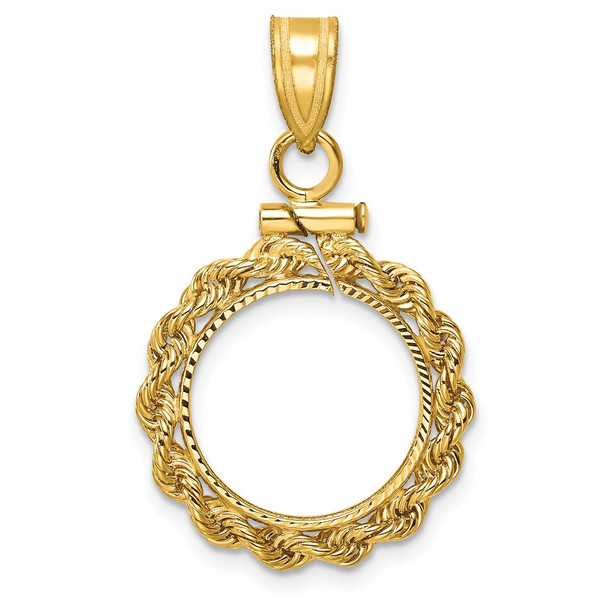 10k Yellow Gold Polished Rope and Diamond-cut 14.0mm x 1.1mm Screw Top Coin Bezel Pendant