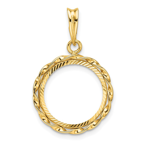 14k Yellow Gold Polished Hand Twisted Ribbon and Diamond-cut 15.0mm Prong Coin Bezel Pendant