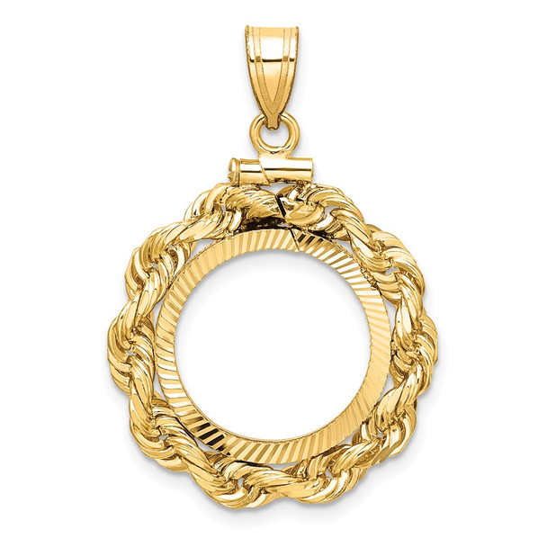14k Yellow Gold Polished Rope and Diamond-cut 16.0mm x 1.35mm Screw Top Coin Bezel Pendant