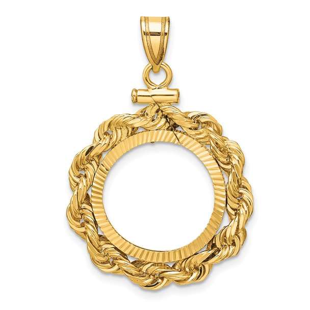 14k Yellow Gold Polished Rope and Diamond-cut 16.5mm x 1.35mm Screw Top Coin Bezel Pendant